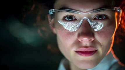 Close up of a woman's face wearing protective eyewear with digital reflections © BOJOShop