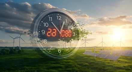 Time for Renewable Energy: Clock Dissolving into Green Nature Amidst Wind Turbines and Solar Panels