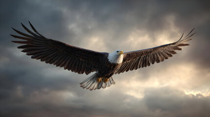 Obraz premium Majestic Bald Eagle in Flight Against Dramatic Clouds