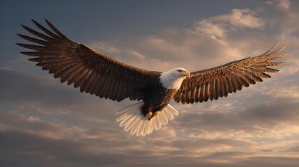 Obraz premium Majestic Bald Eagle in Flight at Sunset