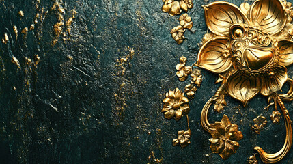 An elegant Ganpati invitation card with gold foil accents on a textured surface