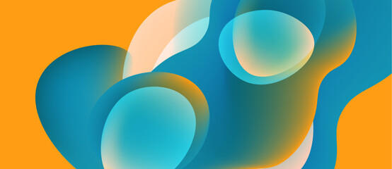 Abstract shapes overlap, creating fluid forms. Orange background contrasts cool blue tones. Modern design, smooth gradients present.