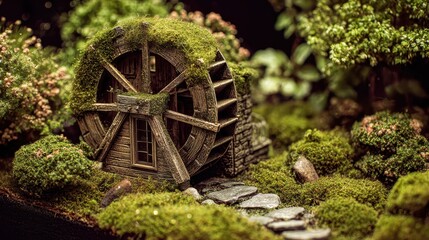 Charming Miniature Water Wheel Surrounded by Lush Greenery