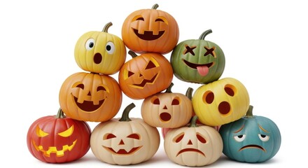 Obraz premium Stack of Halloween Pumpkins with Carved Faces on White, Colorful Jack-o'-Lanterns with Expressions, Autumn Holiday Decoration