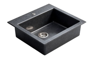   Double Basin Granite Kitchen Sink with Matte Finish, Overhead Perspective, Transparent Background.