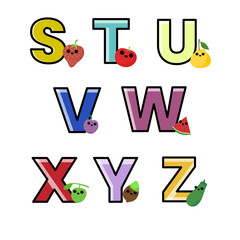 Playful alphabetical featuring colorful designs with anthropomorphic fruits and vegetables, ideal for educational or creative projects.