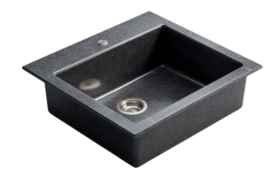   Double Basin Granite Kitchen Sink with Matte Finish, Overhead Perspective, Transparent Background.