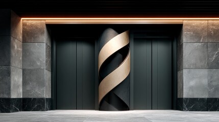 Fototapeta premium Modern interior design featuring two dark grey elevator doors flanking a textured pillar with golden swirling accents