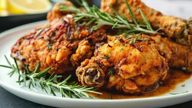 Fried chicken with rosemary garnish