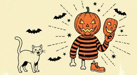 Halloween Illustration with Pumpkin Headed Character Holding a Mask, Cat, Bats