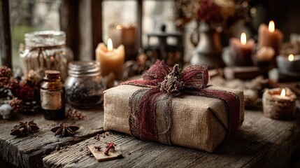 Rustic gift, candles, and herbs on wooden table