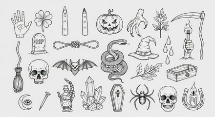 Halloween Sketch Collection with Pumpkin, Skull, Snake