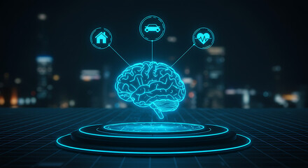 Futuristic glowing blue digital brain hologram with abstract icons representing technology and data on a dark background