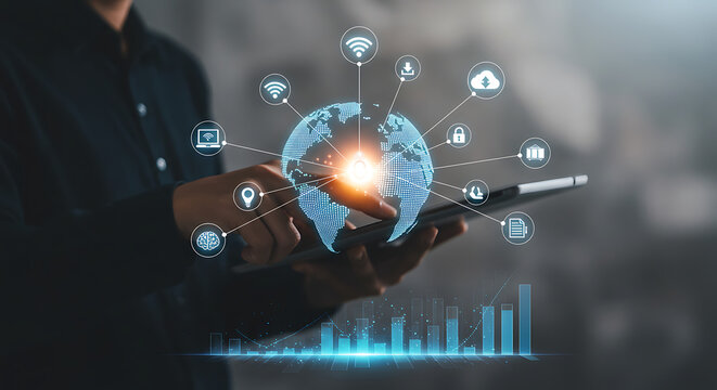 Person holding a smartphone displaying a glowing digital globe with interconnected technology icons and data charts