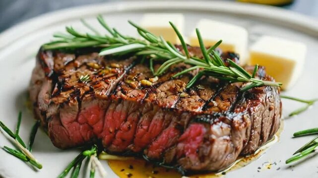 Grilled steak with rosemary and butter on a plate.