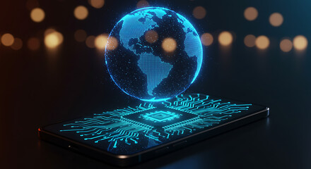 Futuristic digital globe hologram emerging from a smartphone with glowing circuit board technology