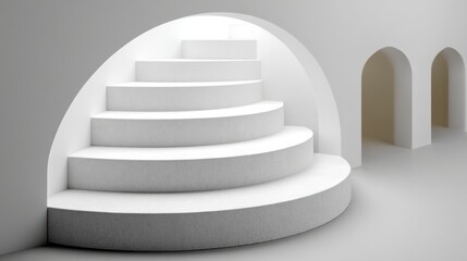 Curved white steps ascend into a softly lit archway adjacent to arched openings