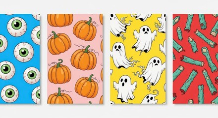 Fototapeta premium Halloween themed pattern with eyeballs, pumpkins, ghosts