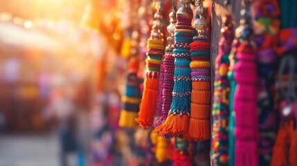 Fototapeta premium Colorful Textile Tassels Hanging at Market Stall in Evening Light