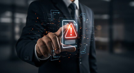 Businessman points to a digital screen displaying a warning alert symbol with futuristic data overlays