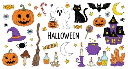 Fototapeta premium Halloween elements with pumpkins, ghost, cat