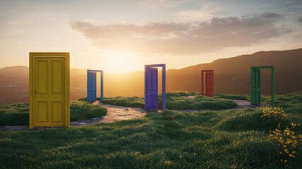 Multiple colorful doors along winding path at sunrise, choices, opportunities, decision making, future.