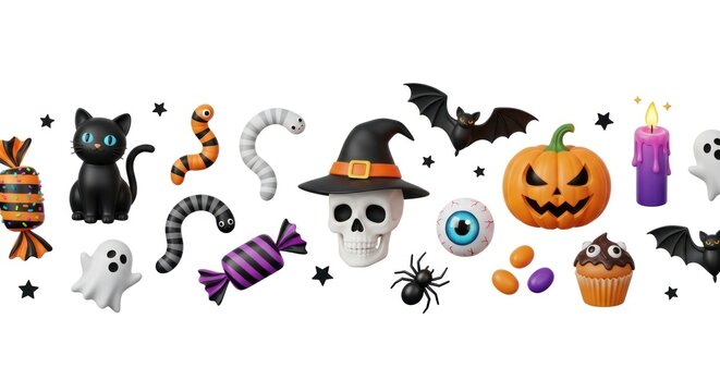 Halloween Decoration with Skull, Pumpkin, Bats - Powered by Adobe