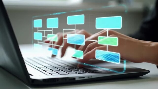 Data flow diagram. Process decomposition and data flow analysis. Engineer using laptop computer to manage data processing system.