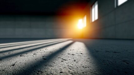 Empty concrete room with sunlight streaming through windows creating long shadows on the floor
