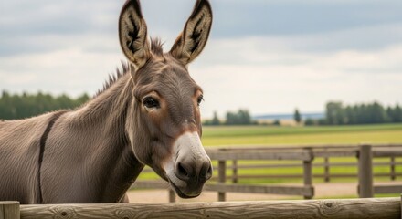 Brown donkey portrait on a farm with a wooden fence, showcasing its expressive eyes and soft fur, set against a backdrop of green fields and a cloudy sky