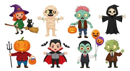 Halloween Cartoon Characters Witch on Broom, Mummy, Zombie