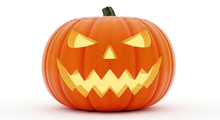 Fototapeta premium Glowing Jack-o'-lantern with Carved Face on a White Background, Halloween Decoration, Spooky Holiday Celebration