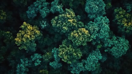 Fototapeta premium Aerial View of Dense Forest with Vibrant Green and Yellow Foliage
