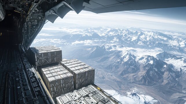 Aerial View of Cargo Delivery from an Aircraft Over Snowy Mountains