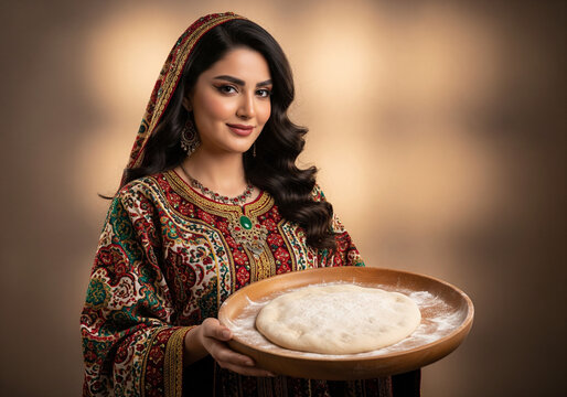 Woman holding dough in a wooden plate smile