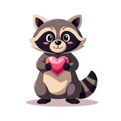 Adorable raccoon holding a heart icon in a cute cartoon style