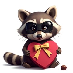 Playful raccoon holding a heart gift