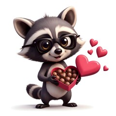 Fototapeta premium Adorable raccoon holding heart shaped box of chocolates