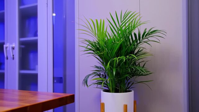 Modern office interior with areca palm with white pot and cabinet.