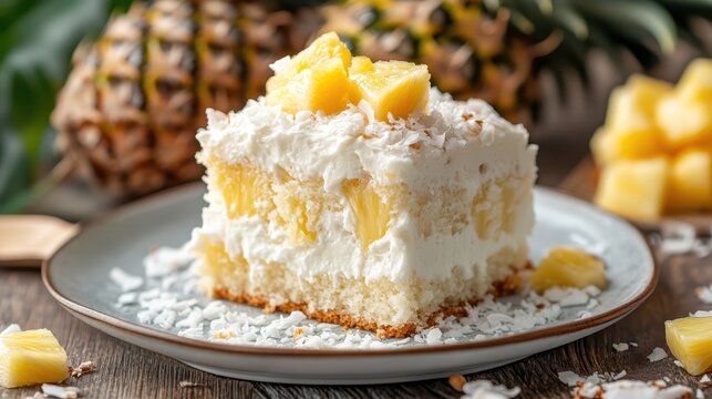 Delicious Pineapple Coconut Dessert Slice on Wooden Table Surface