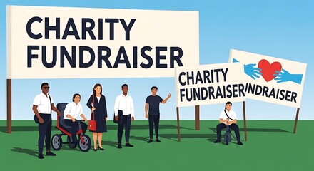 A diverse group of people is standing together to support a charity fundraiser, holding large banners to raise awareness.