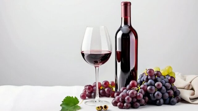 Red wine bottle and glass with grapes on white tablecloth.