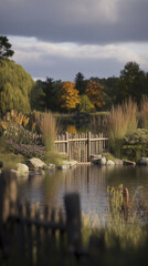 Fototapeta premium Serene landscape featuring tranquil pond surrounded by lush greenery and colorful autumn trees. rustic wooden fence adds charm to scene, enhancing peaceful atmosphere
