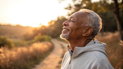 Obraz premium Senior inhaling deeply after stretching, golden-hour light Portrait of a post-exercise senior mid-breath, eyes closed in contentment, lit by warm golden-hour radiance.