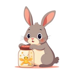Adorable bunny captures a magical firefly in a jar