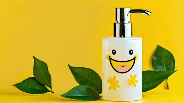 smiling soap dispenser with leaves on a yellow background, symbolizing cleanliness and happiness..