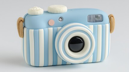 Cute Blue Camera Toy with Striped Design Isolated on White Background.