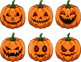 Halloween pumpkin faces vector set with scary, funny, and cute jack o lantern expressions isolated icons