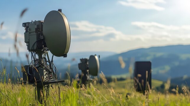 Communication Satellites on Green Hilltop with Scenic Background