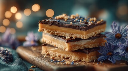 Stacked caramel squares, topped with chocolate
